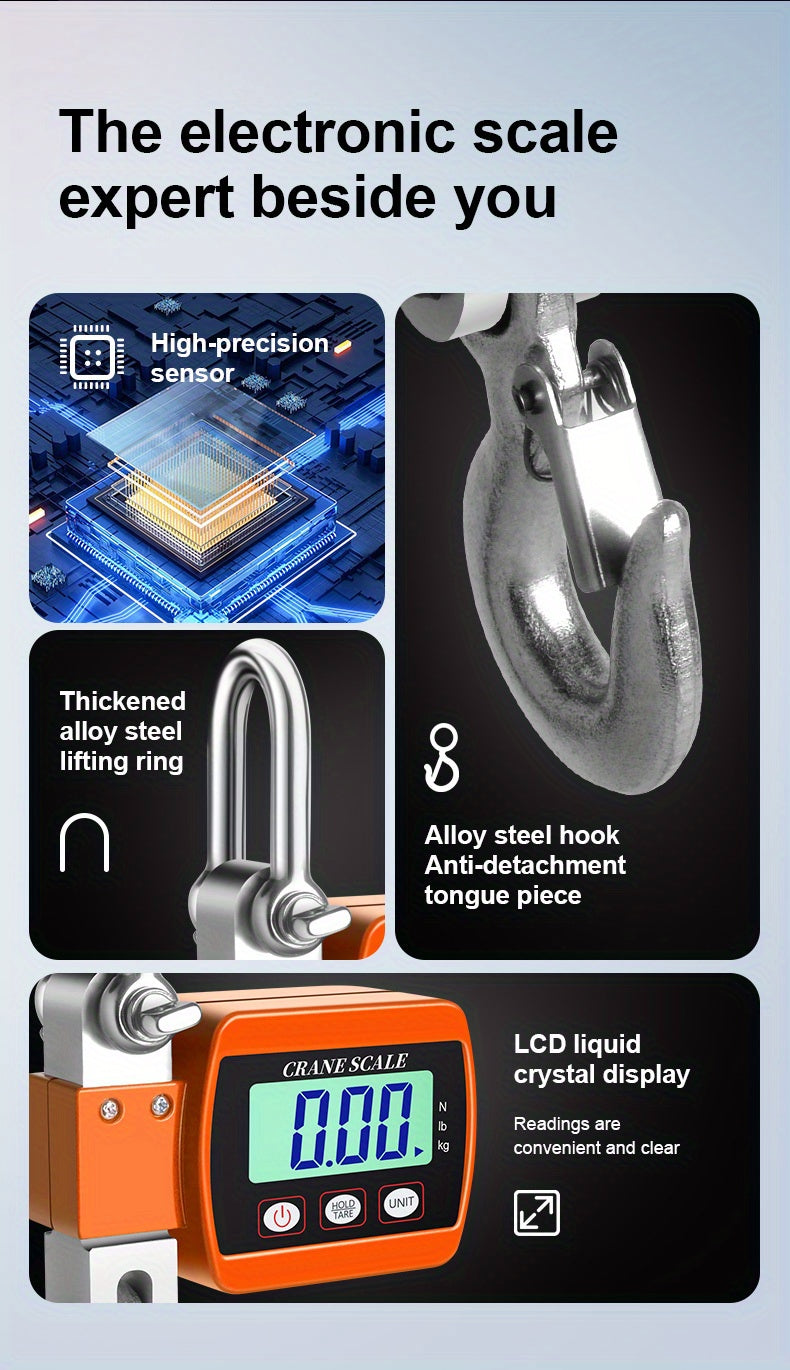 Heavy-Duty 500Kg Portable Crane Scale: Precise, Easy-Read LCD, Battery-Powered, in Blue/Orange/White
