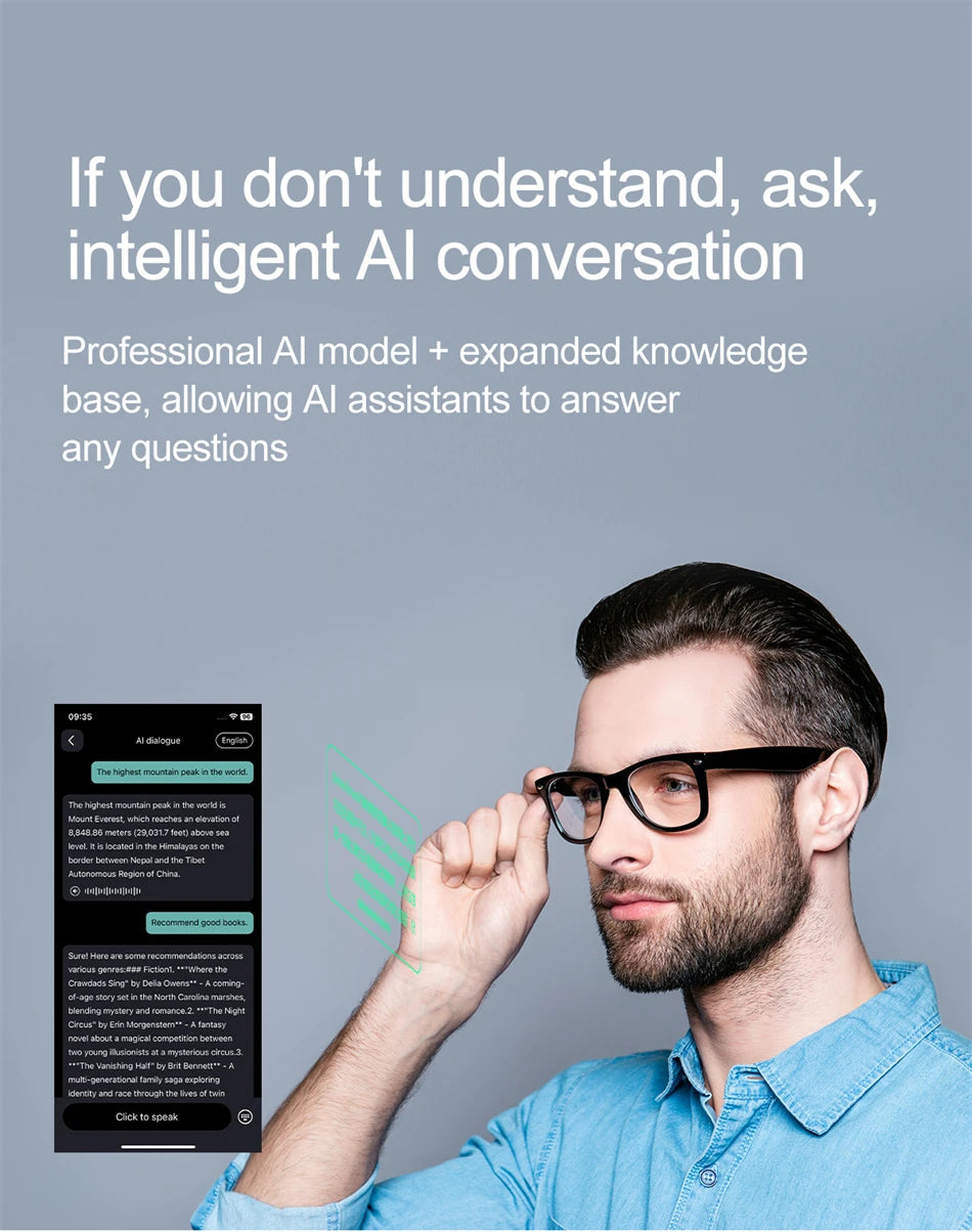 high-tech AI smart glasses can be equipped with various lenses such as sunglasses, blue light, myopia, Men women smart glasses