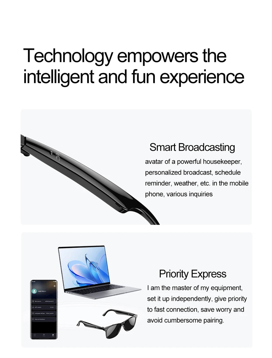 high-tech AI smart glasses can be equipped with various lenses such as sunglasses, blue light, myopia, Men women smart glasses