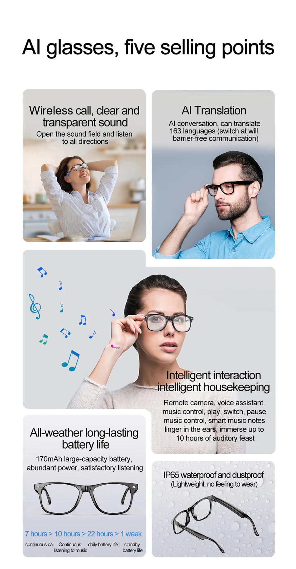 high-tech AI smart glasses can be equipped with various lenses such as sunglasses, blue light, myopia, Men women smart glasses