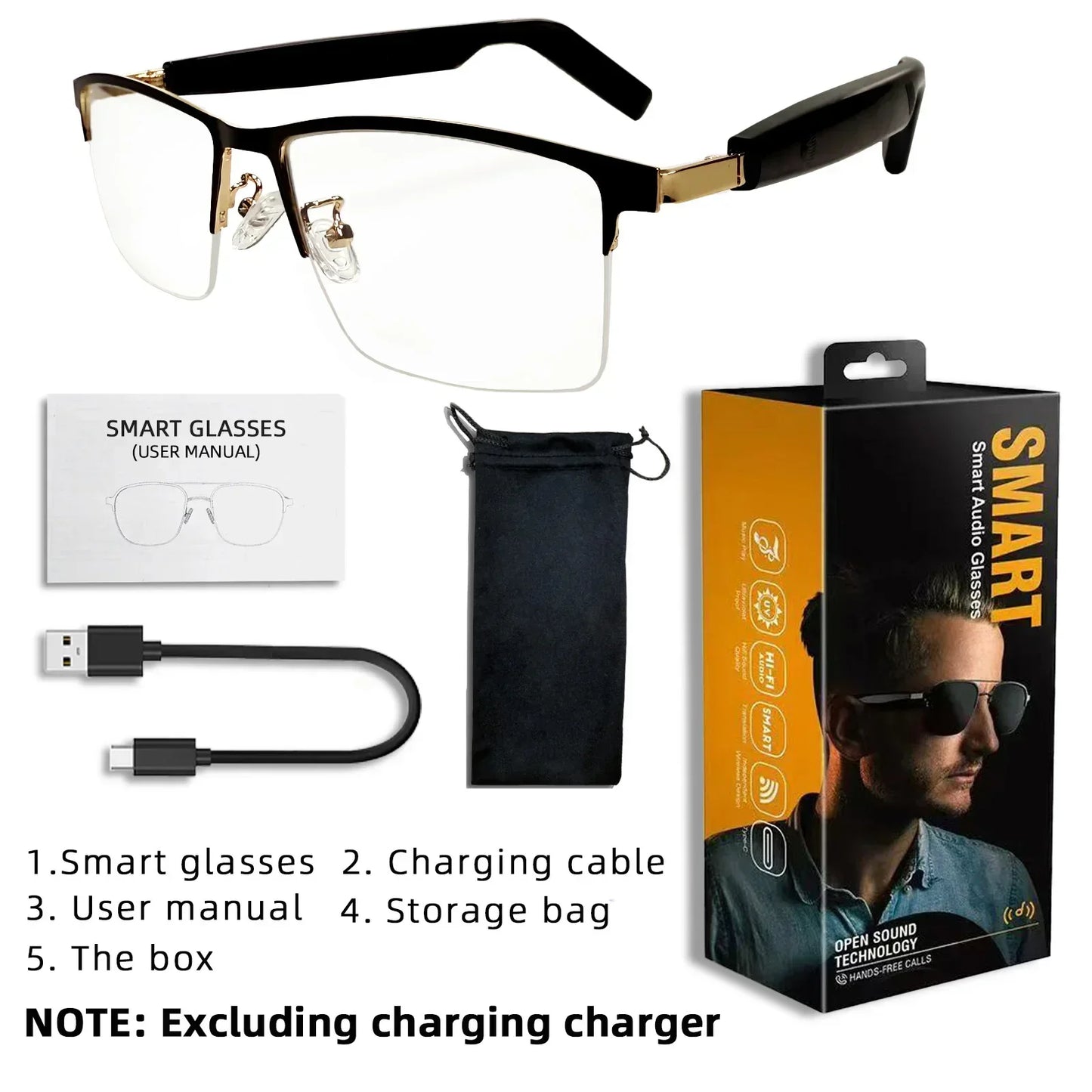 Smart Glasses Touch Control Built-in Microphone, High Resolution Audio, Wireless, Rechargeable Battery Ideal Holiday Gifts