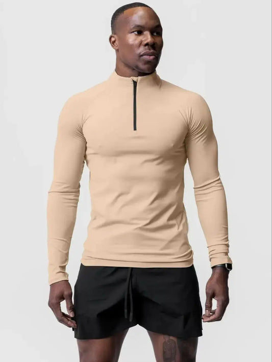Fitness compression sports T-shirt - Gym running sports stretch long-sleeved sports shirt - Half-zip high-neck top - Men's tight